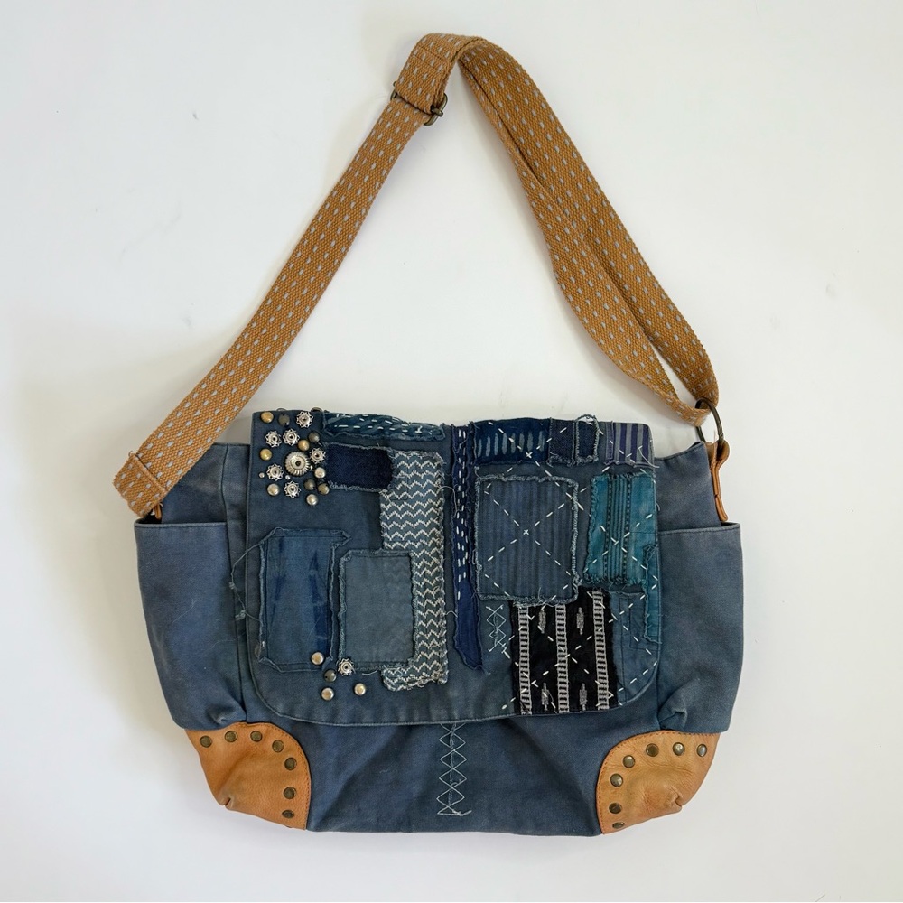 Free People Blue Patchwork Shoulder Bag with Tan Strap